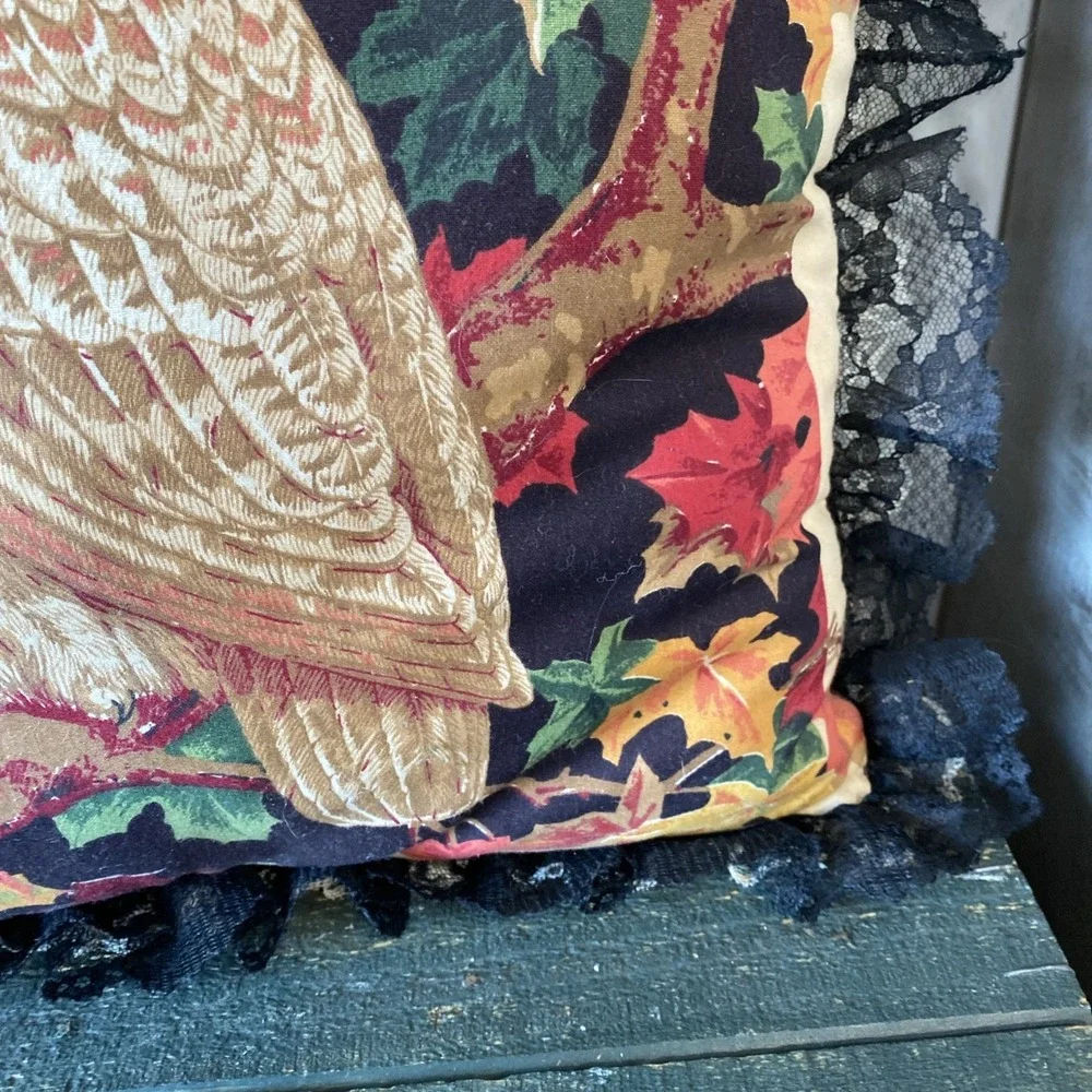 Wamsutta Barn Owl Fabric Black Background Fall Leave Pillow w/Black & White Lace